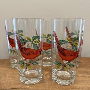 West Virginia Glass Set of 5 Glasses Cardinal Song Bird Painted 6.5 in Tall